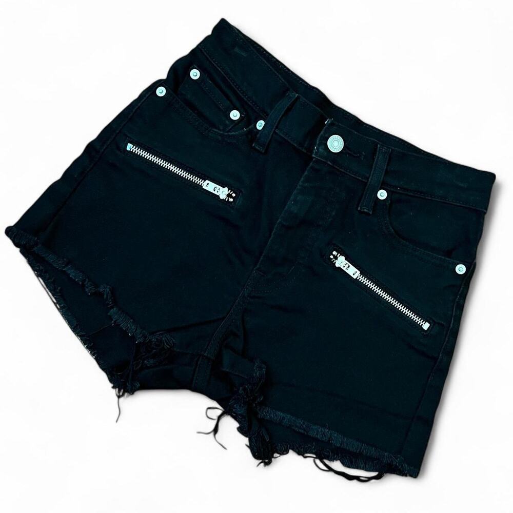 Levi black high rise denim mini shorts with silver hardware zippers for pockets